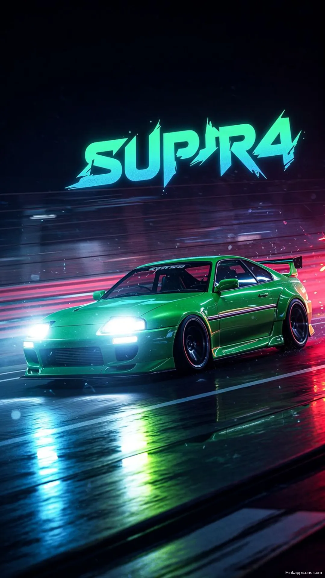 Sports Car Wallpapers Green Supra Mark IV in Neon Lights