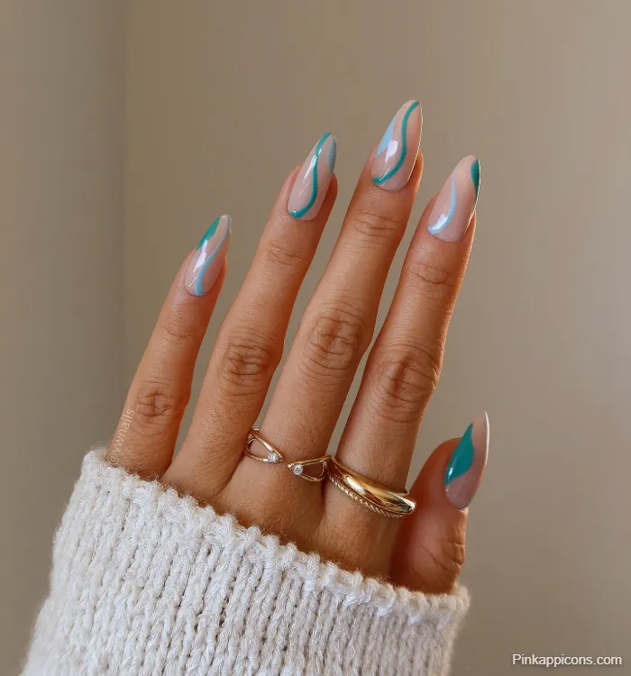 Spring Nails Abstract Teal Flowing Line Nail Art