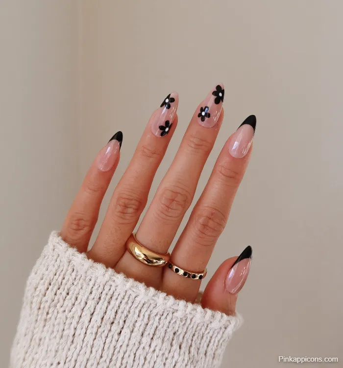 Spring Nails Black French Tip with Black Flower Nail Art