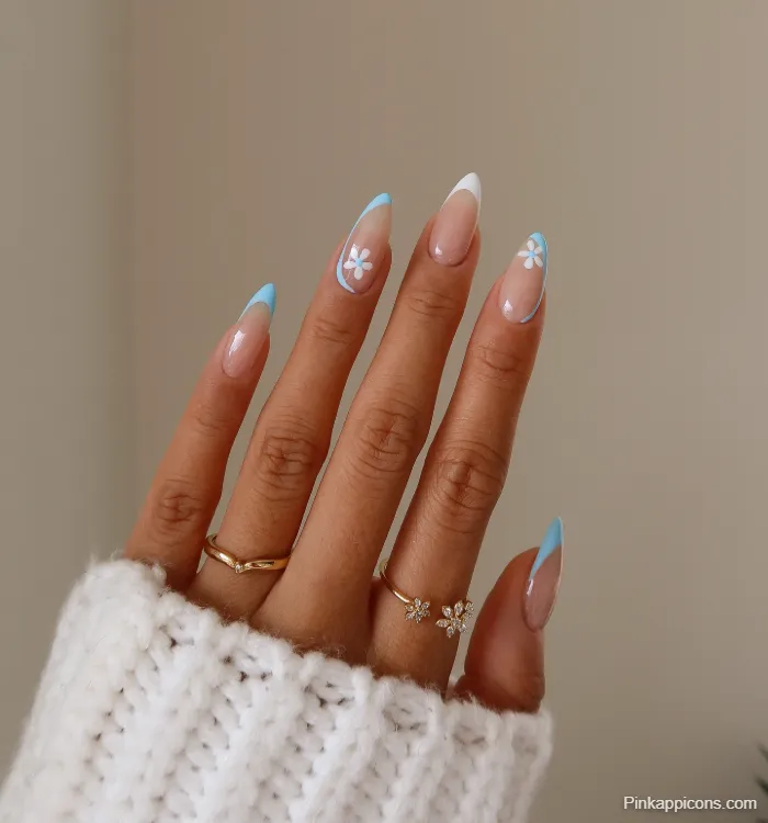 Spring Nails Blue and White Double French Tip with White Flowers