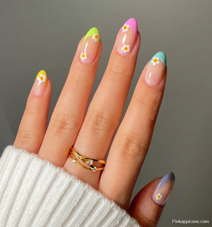 Spring Nails Colorful Pastel Tips with White Daisy Nail Art