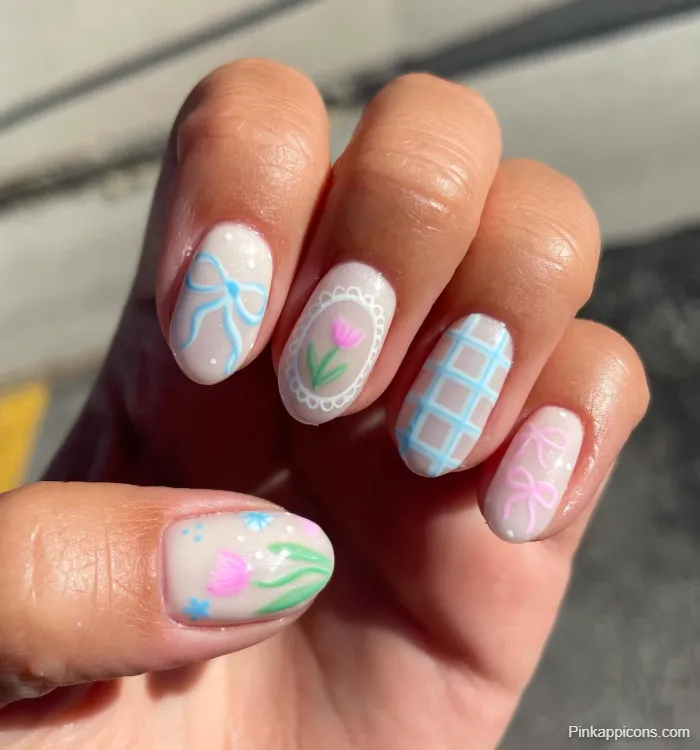 Spring Nails Cute Ribbons, Tulips, and Plaid Nail Art