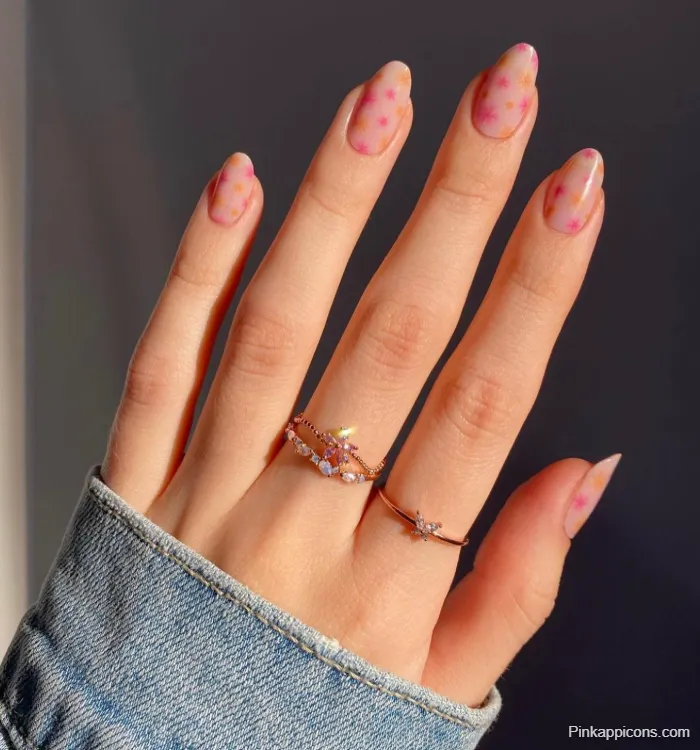 Spring Nails Delicate Pink and Orange Tiny Flower Nail Art