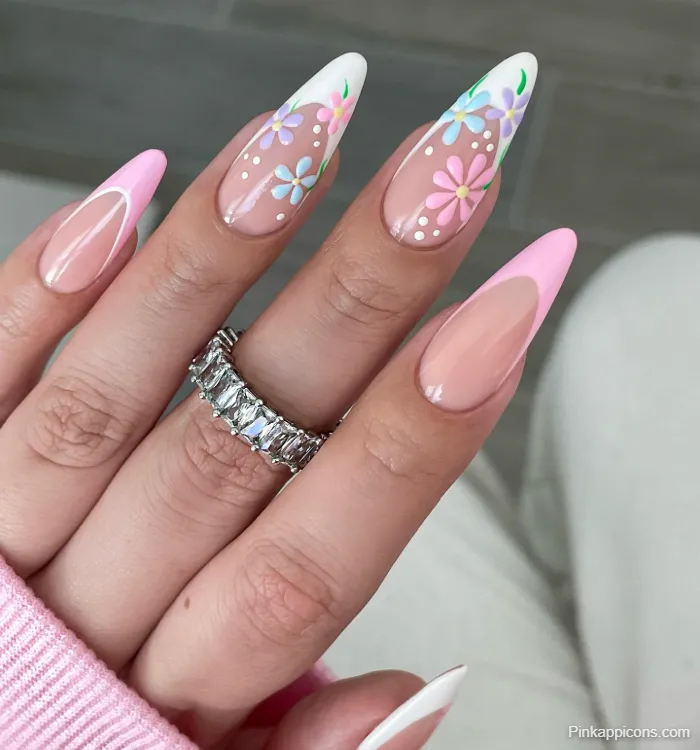 Spring Nails Floral Nail Art with White and Pink French Tips