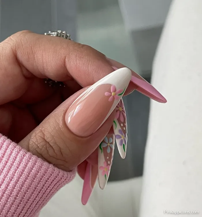 Spring Nails Floral Nail Art with White and Pink Outlines