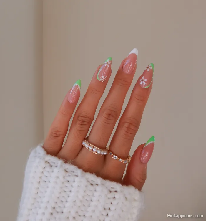 Spring Nails Green French Tip with White Flower Nail Art