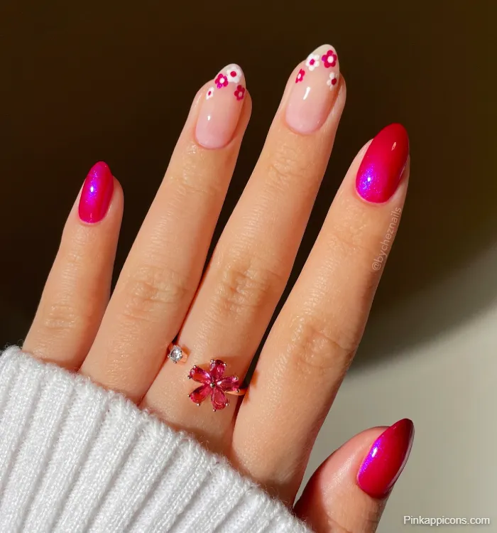 Spring Nails Magenta and White Floral Nail Art