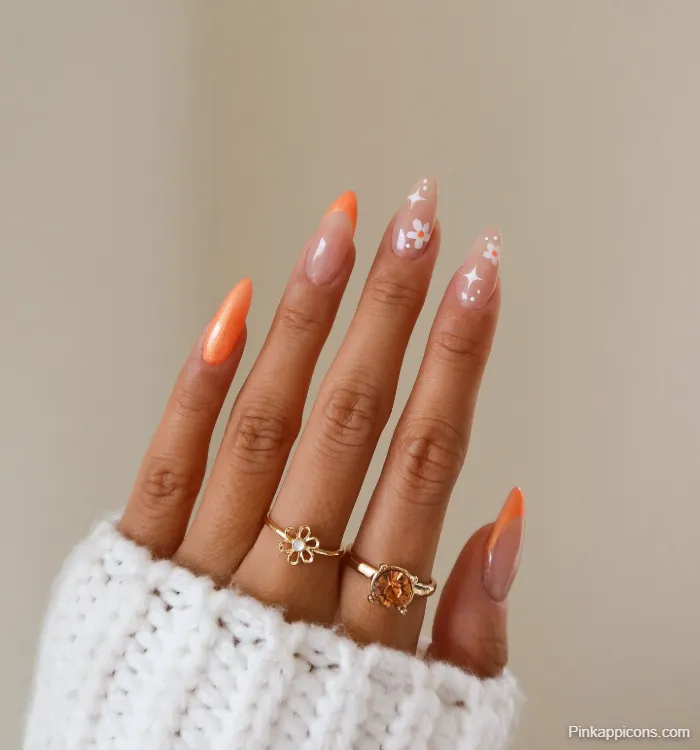 Spring Nails Orange French Tip with White Flower and Dot Nail Art