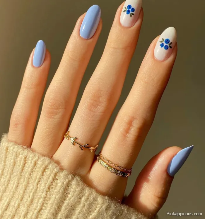 Spring Nails Pastel Blue and White with Blue Floral Nail Art