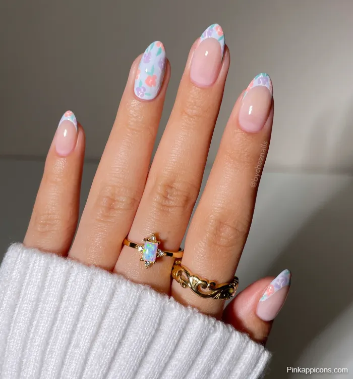 Spring Nails Pastel Floral French Tip Nail Art
