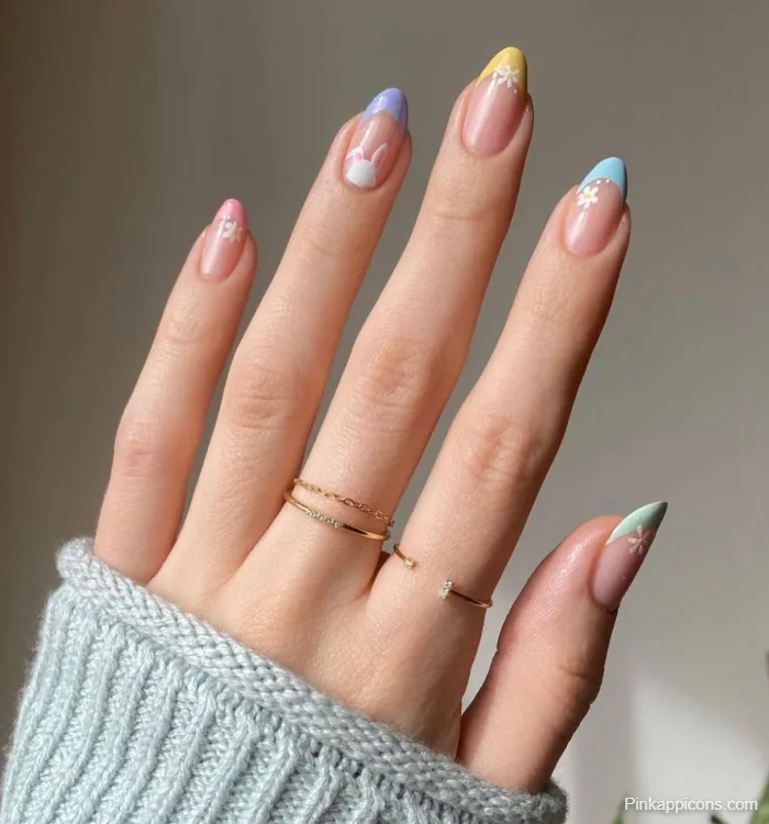 Spring Nails Pastel French Tips with Bunny and Daisy Nail Art