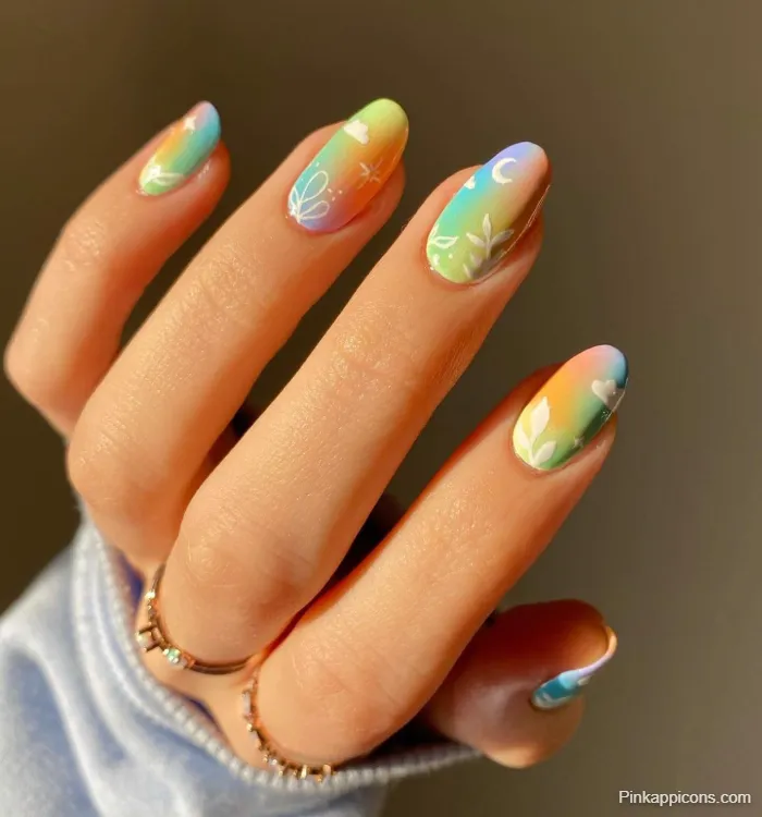 Spring Nails Pastel Rainbow Gradient with White Floral and Sky Art