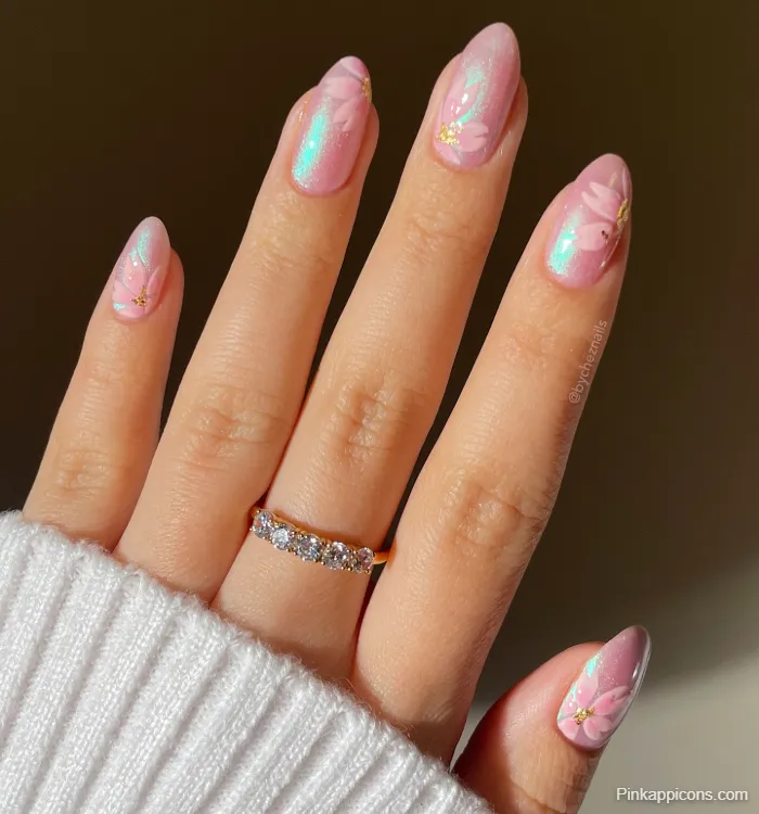Spring Nails Pink Iridescent with Gold Floral Nail Art