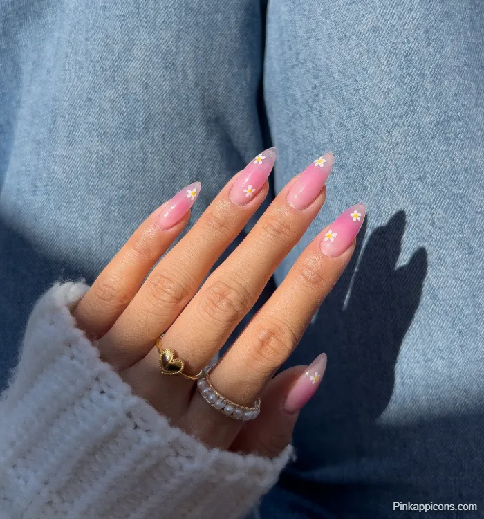 Spring Nails Pink Ombre with White and Yellow Flower Nail Art