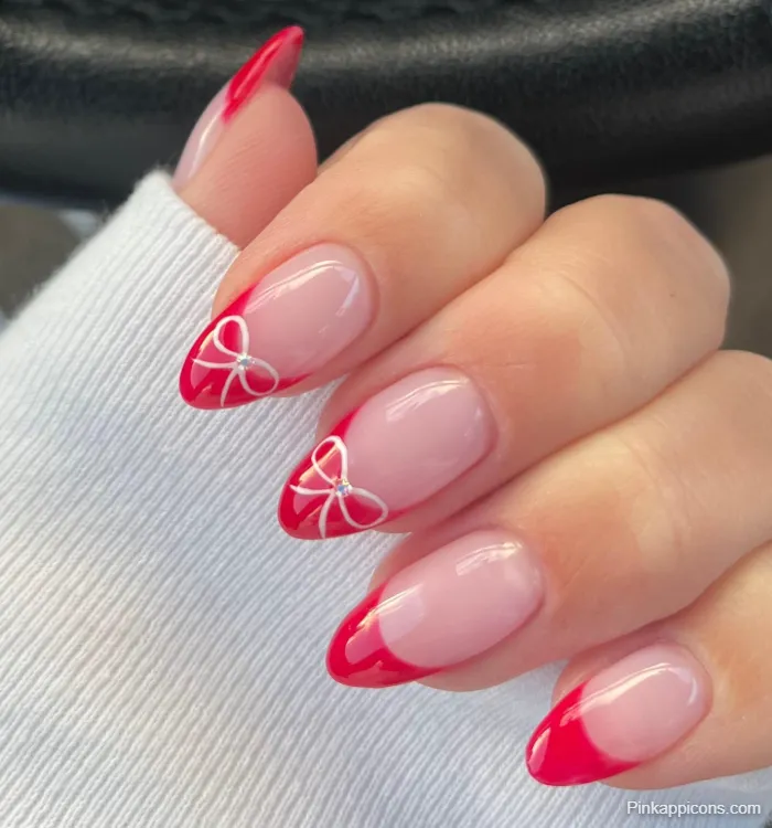 Spring Nails Red French Tip with White Ribbon Nail Art
