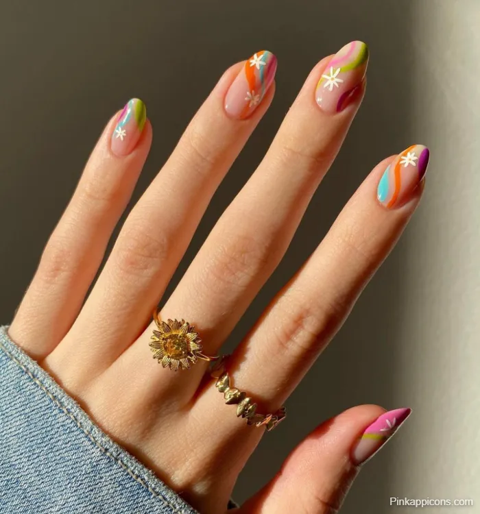 Spring Nails Retro Colorful Stripes with White Daisy Nail Art