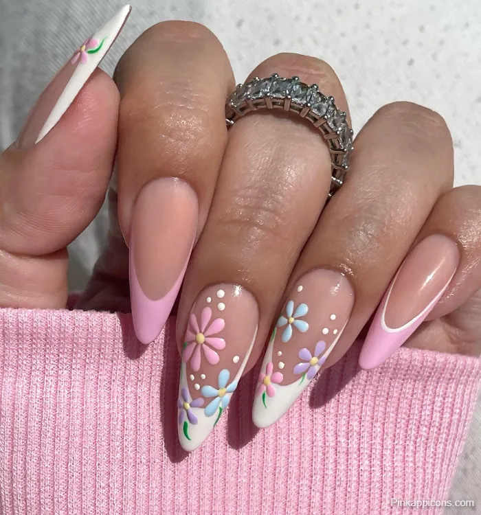 Spring Nails Stiletto Floral Nail Art with White and Pink Tips