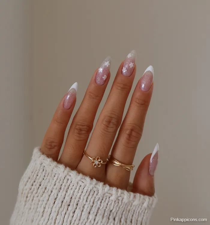 Spring Nails White French Tip with Glitter and White Flower Nail Art