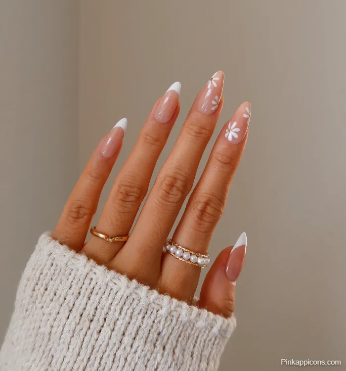 Spring Nails White French Tip with White Flower Nail Art