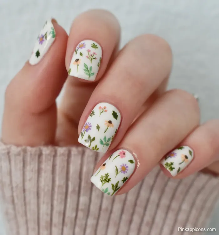 Spring Nails White Nails with Watercolor Floral Nail Art