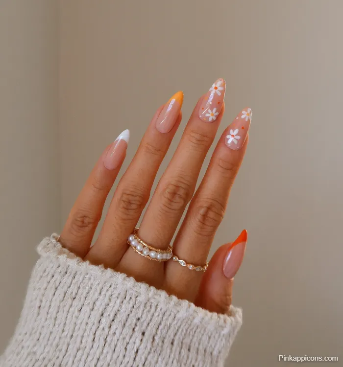 Spring Nails White and Orange French Tip with Flower Nail Art