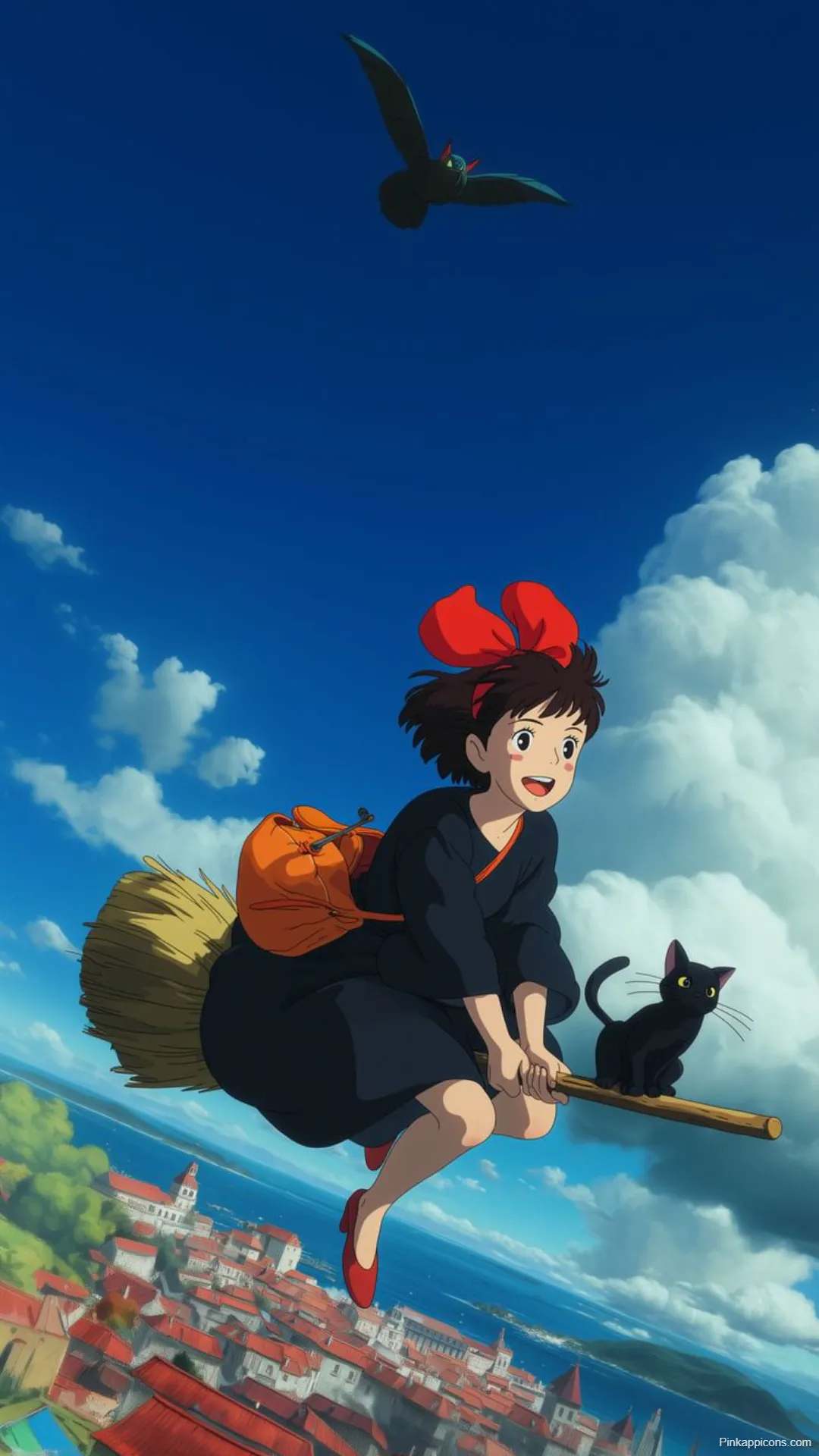 Studio Ghibli Wallpapers Kiki on Broomstick Above Town