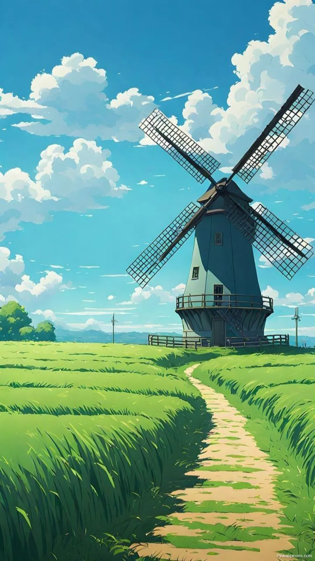 Studio Ghibli Wallpapers Serene Blue Windmill in Green Meadow