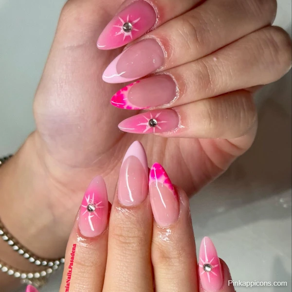 Stylish Cute Pink Nails Pink French Tip with Starburst and Rhinestone