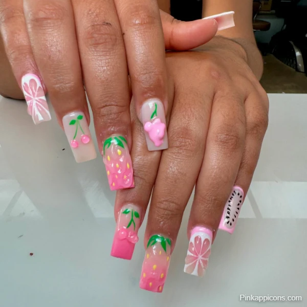 Stylish Cute Pink Nails Pink Manicure with Cherries, Strawberries, and Flowers
