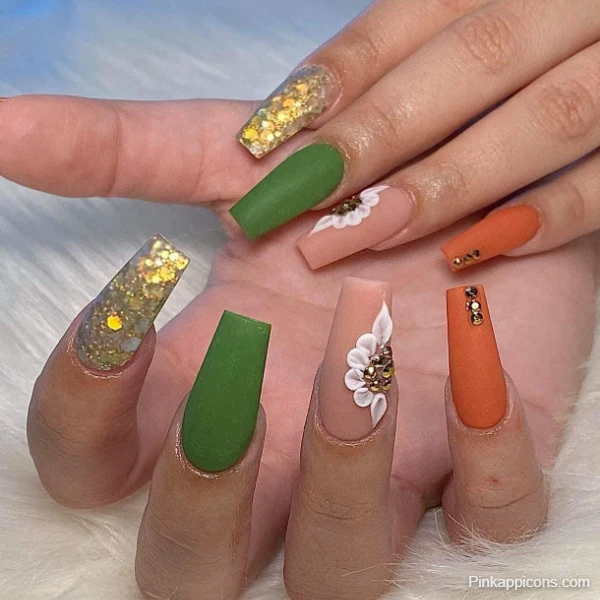 Stylish Fall Nails Matte Green and Orange with Glitter and 3D Flowers