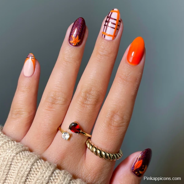 Stylish Fall Nails Mix and Match Autumn Designs with Plaid and Leaves