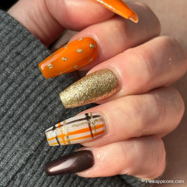 Stylish Fall Nails Mix and Match Orange, Gold Glitter, Brown, and Plaid