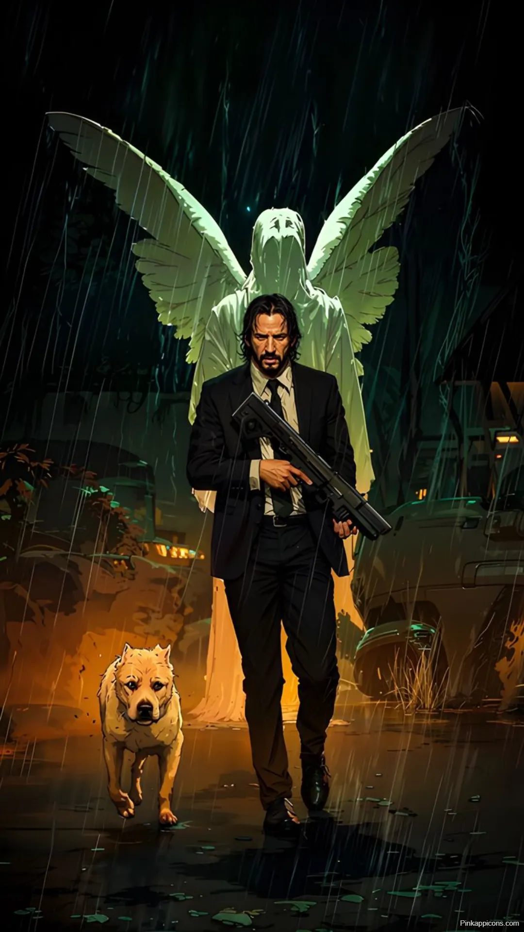 Surreal John Wick Wallpaper Angel Dog Rain Night