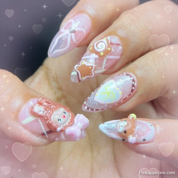 Sweet Cute Pink Nails with 3D Bunny, Bear, and Candy Design