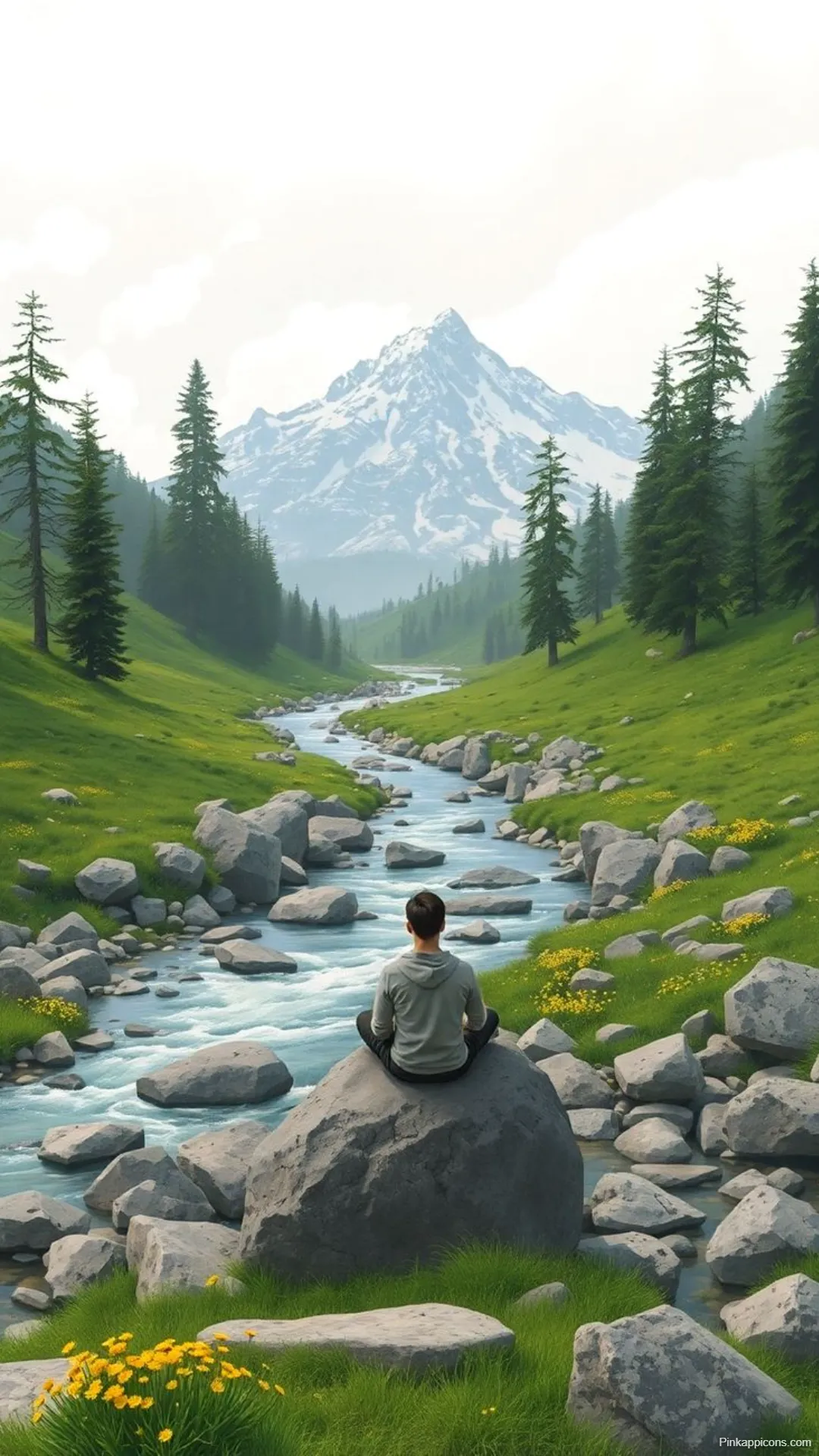 Tranquil Studio Ghibli Meditation Wallpaper Mountain River Scene