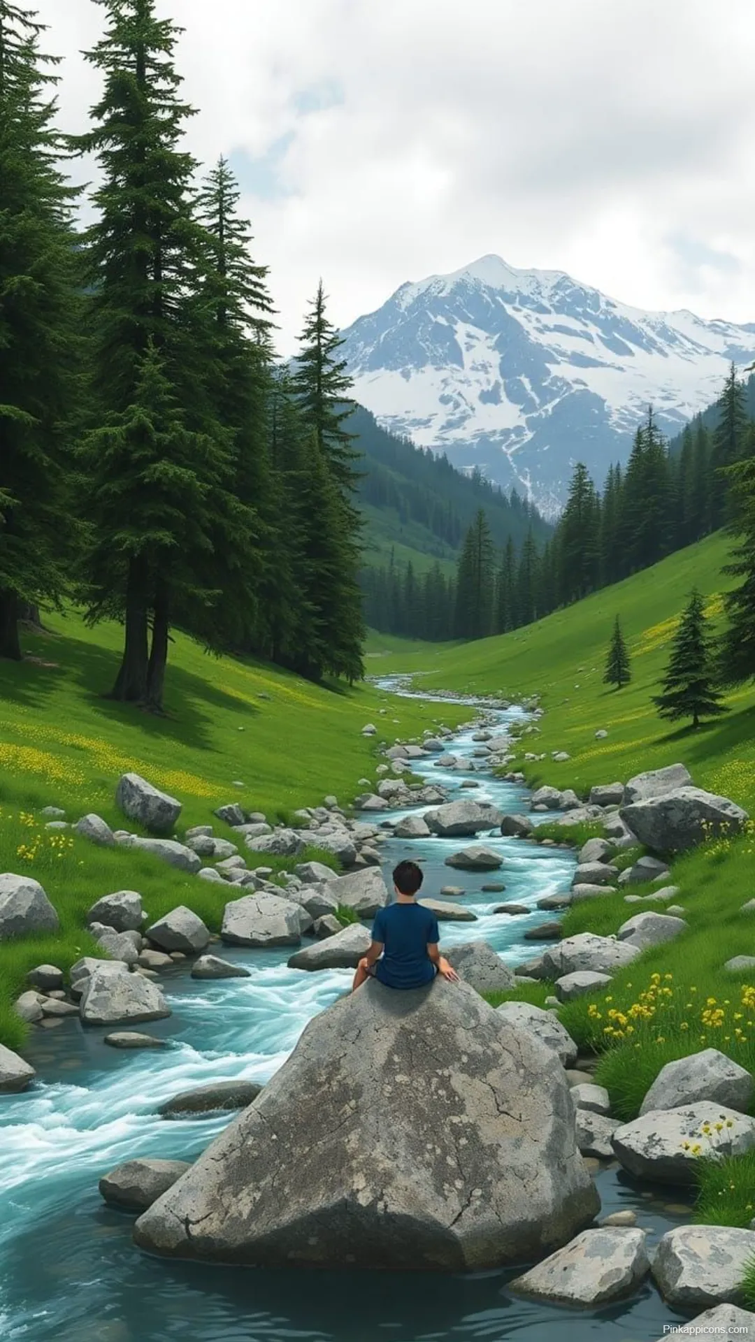 Tranquil Studio Ghibli River Wallpaper Mountain Serenity
