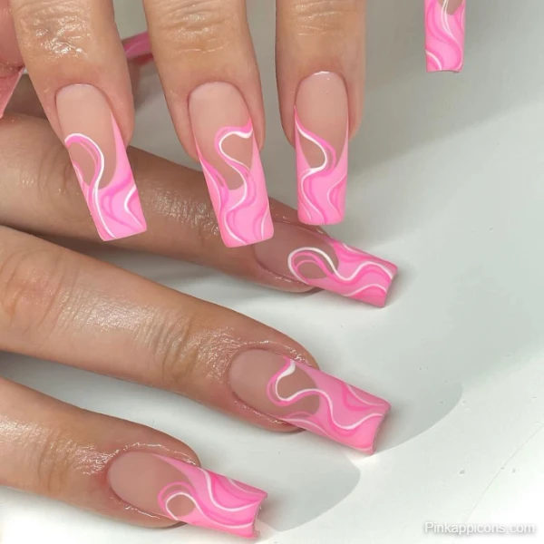 Trendy Cute Pink Nails Abstract White and Light Pink Swirl Design
