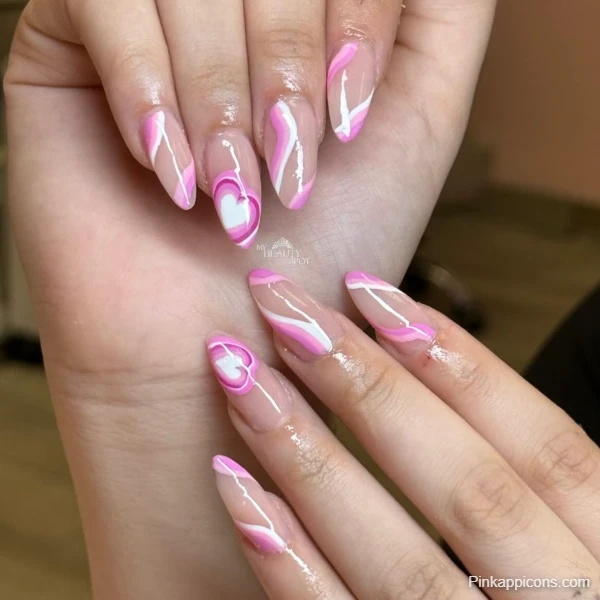 Trendy Cute Pink Nails Abstract White and Pink Swirls with Heart Accent