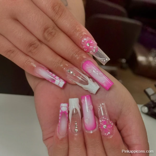Unique Cute Pink Nails Pink and White Ombre with 3D Flowers and Gems