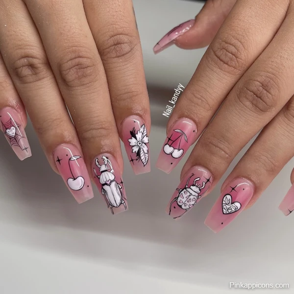 Unique Cute Pink Nails with Black and White Insect and Floral Art