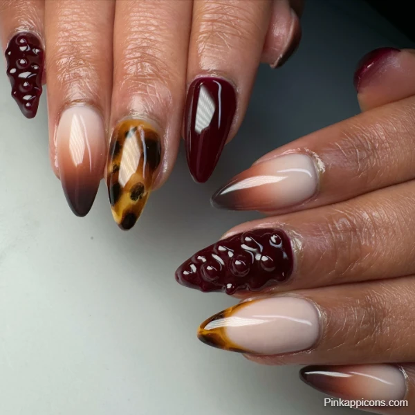 Unique Fall Nails 3D Textured Burgundy and Ombre Design