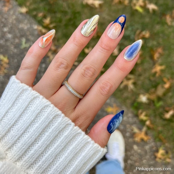 Unique Fall Nails Abstract Blue, Gold, and Orange Nail Art
