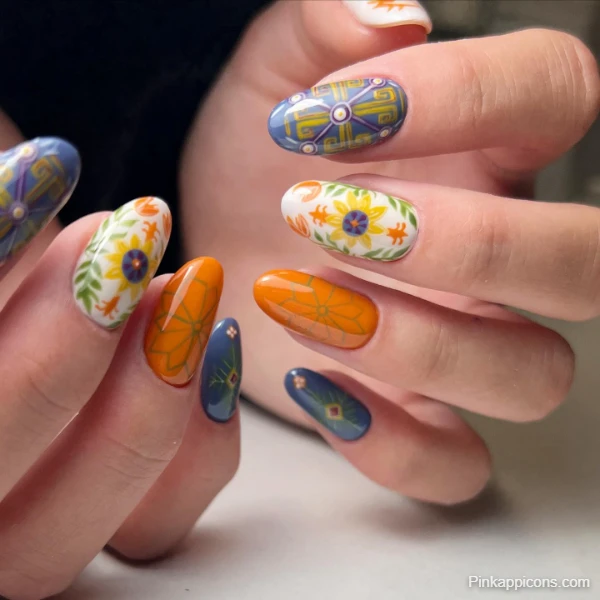 Unique Fall Nails Colorful Autumnal Patterns with Flowers and Geometric Designs