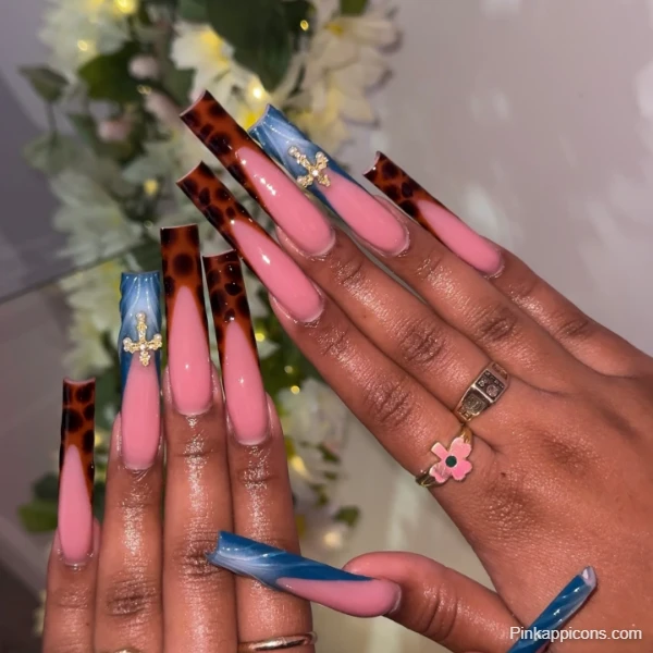 Unique Fall Nails Mixed Design with Tortoiseshell, Blue Marble, and Gold Crosses