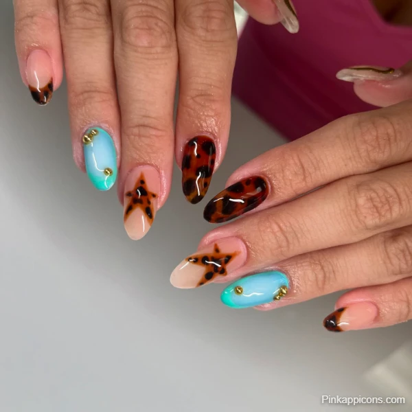 Unique Fall Nails Mixed Design with Tortoiseshell, Blue, and Star Accents