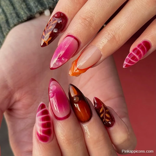 Vibrant Fall Nails Mix and Match Abstract Autumn Nail Art