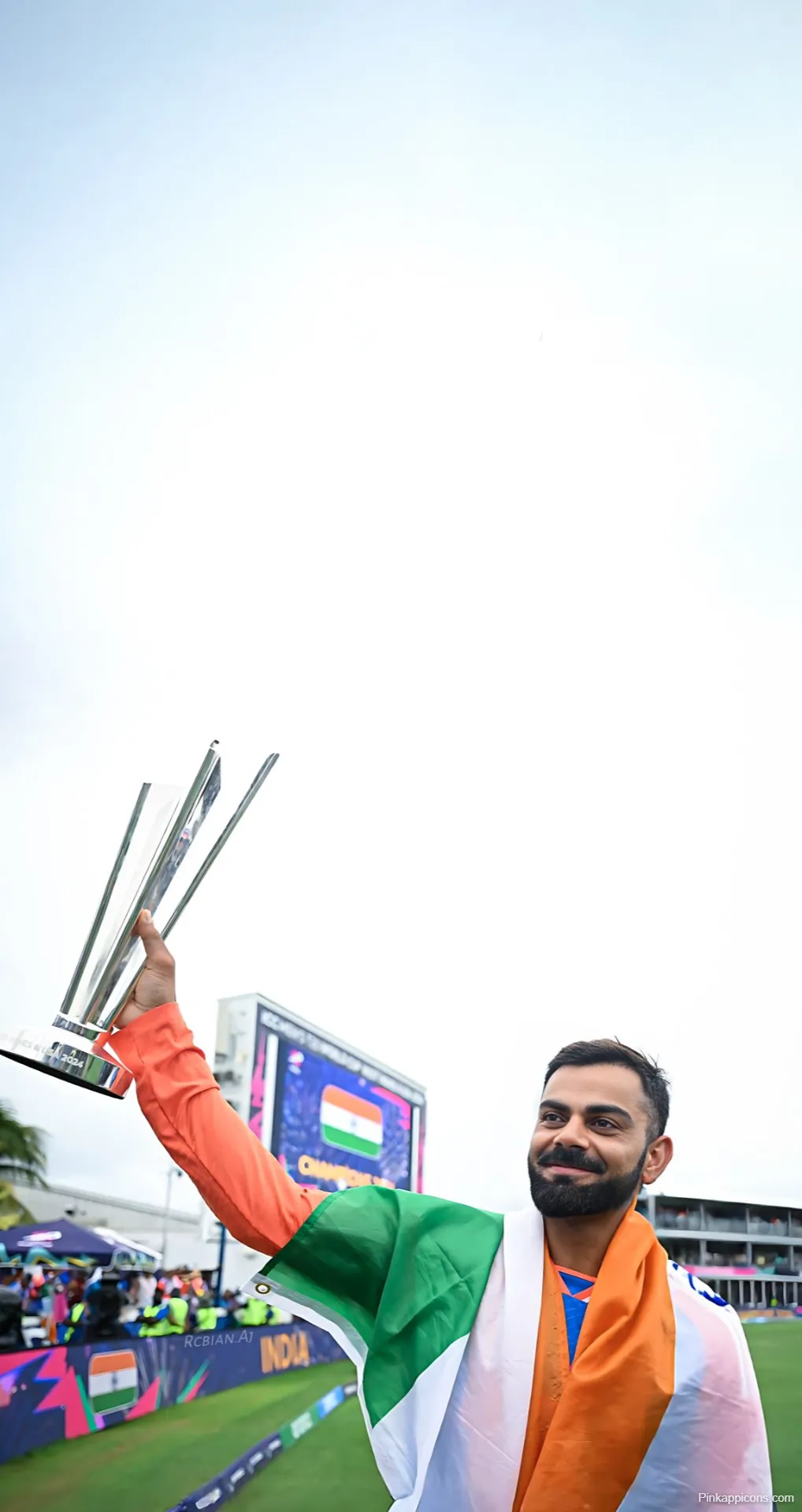 Virat Kohli World Cup Champions Wallpaper Holding Trophy with Indian Flag