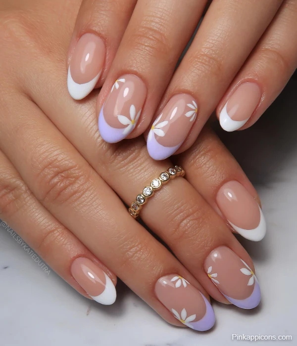 White and Lilac French Tip Nails with Daisy Accents Cute Nail Idea