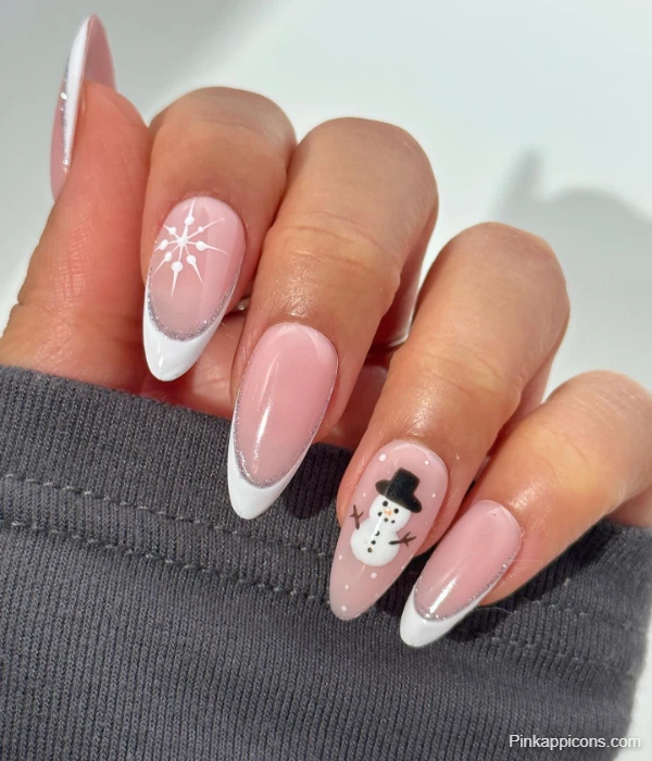 Winter White French Tip Nails with Snowman and Snowflake Design