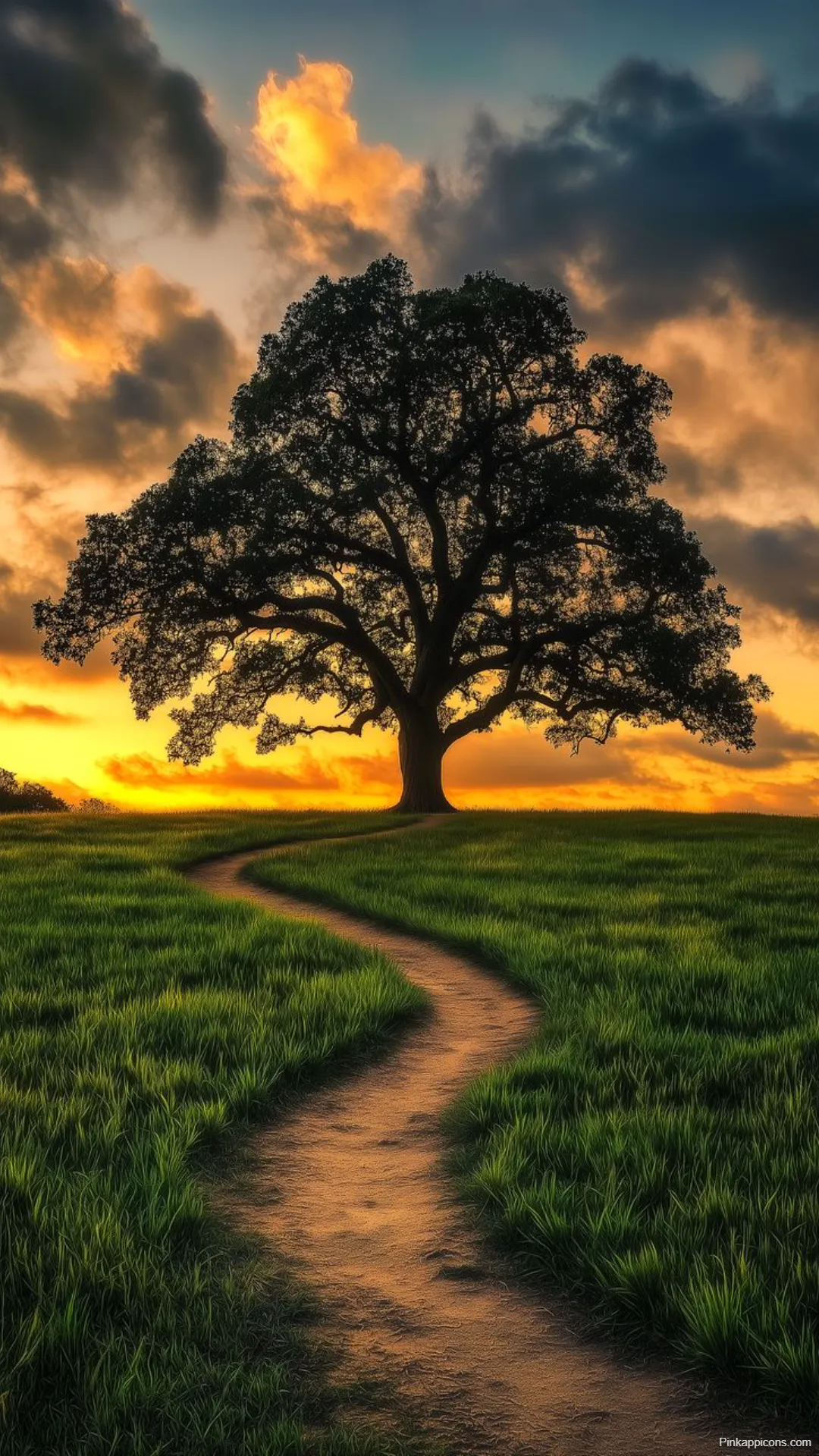 A scenic sunrise wallpaper featuring a path through lush green grass and a majestic tree A scenic sunrise wallpaper featuring a path through lush green grass and a majestic tree.